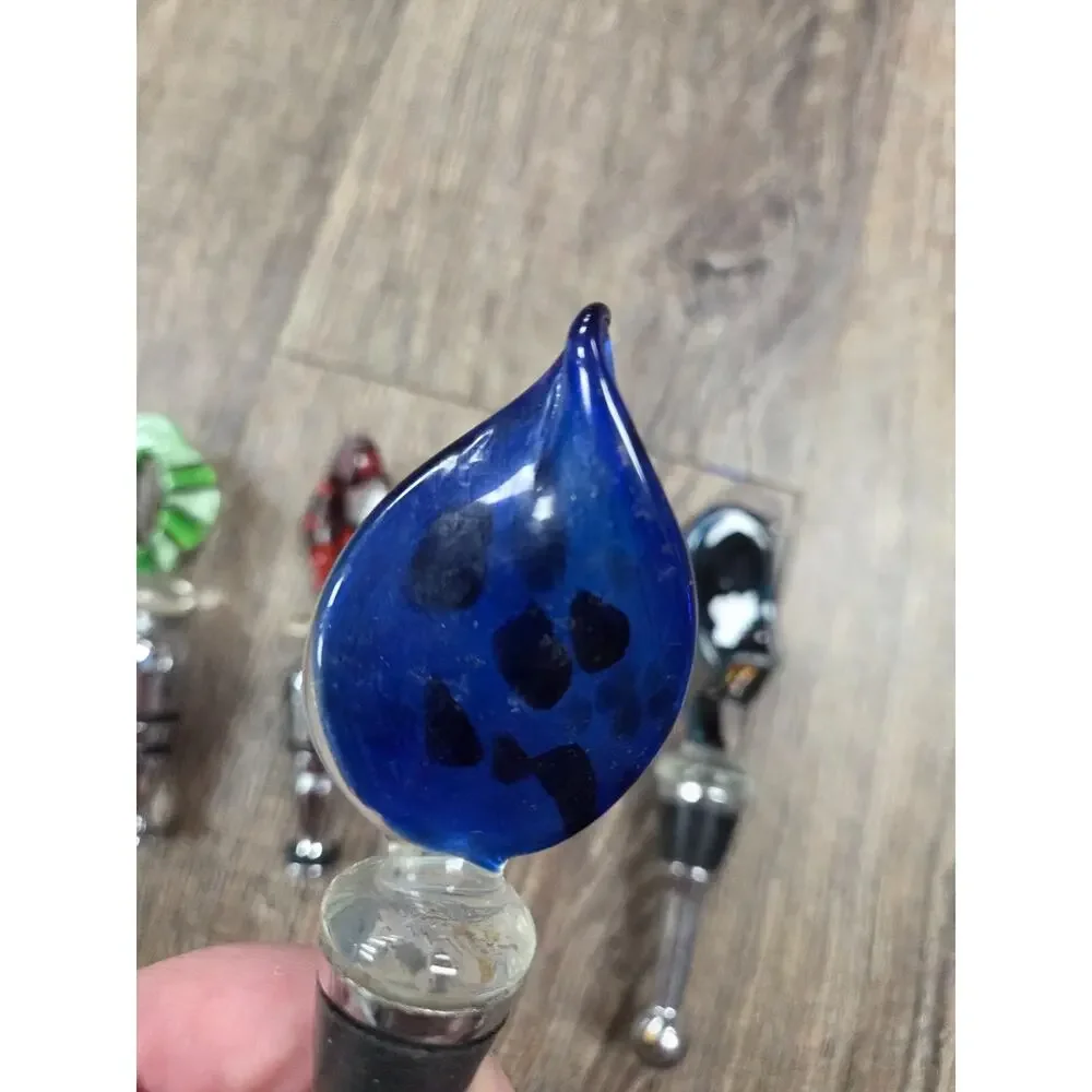 Hand- Blow Glass Art Colored Wine Bottle Stoppers Silver Metal Lot of 5
